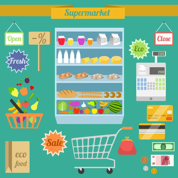 Conjunto plano de supermercado — Vetor de Stock