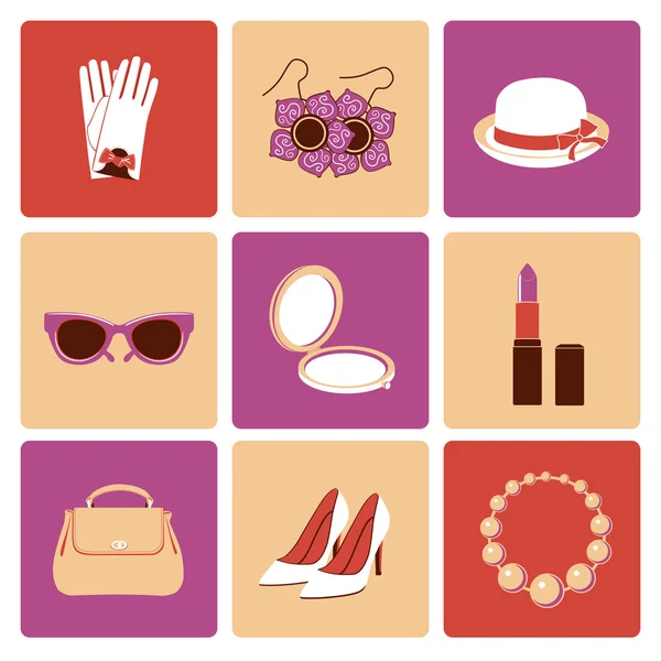 Conjunto de iconos planos accesorios mujer — Vector de stock