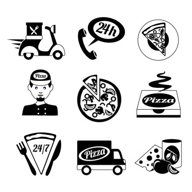 siyah ve beyaz pizza Icons set