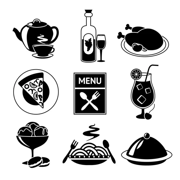 Restaurante ícones de comida preto e branco — Vetor de Stock