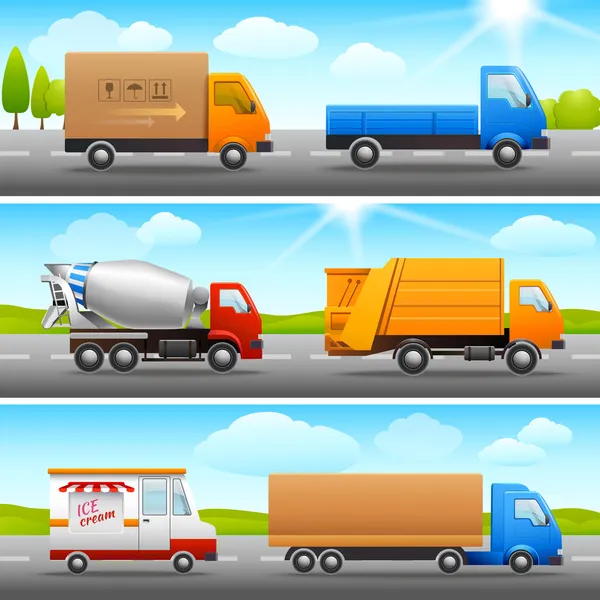 Iconos de camiones realistas en la carretera — Vector de stock