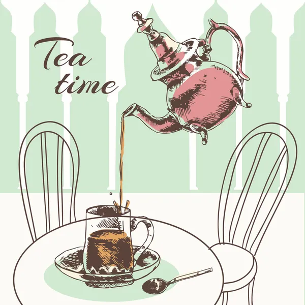 ティーポットとカップのお茶時間ポスター — ストックベクタ