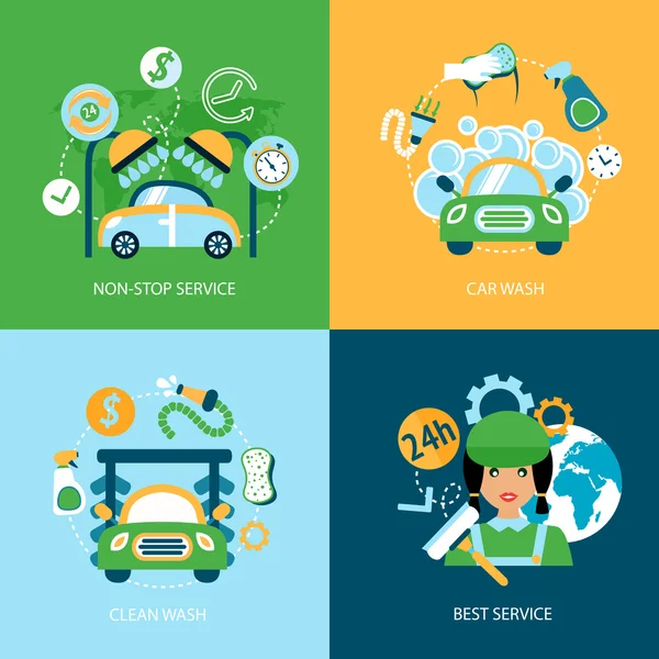 Iconos planos de lavado de coches — Vector de stock