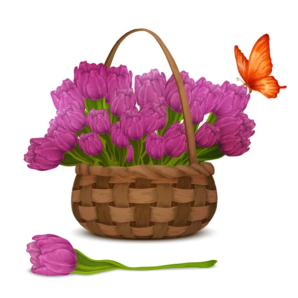 Flores de tulipán en cesta — Vector de stock