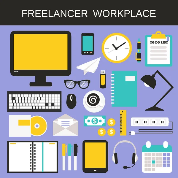Freelancer set di icone sul posto di lavoro — Vettoriale Stock