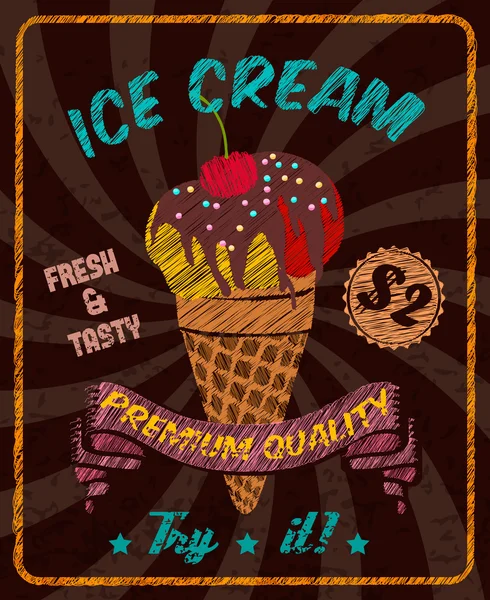 Chocolate ice-cream with cherry on poster — Stock Vector