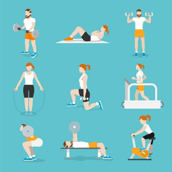 People gym exercises icons set — Stock Vector