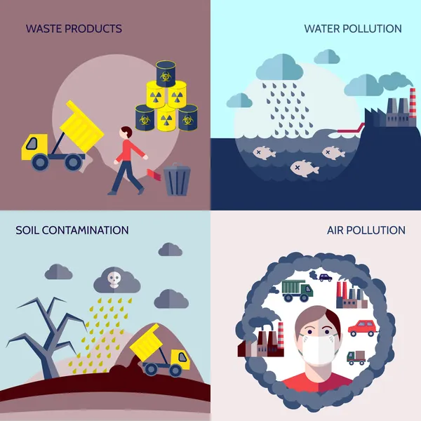 Conjunto plano de iconos de contaminación — Vector de stock