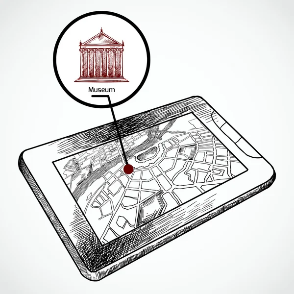 Disegno schizzo tablet pc con mappa di navigazione — Vettoriale Stock