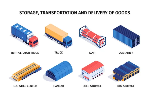 Set di composizioni logistiche isometriche — Vettoriale Stock