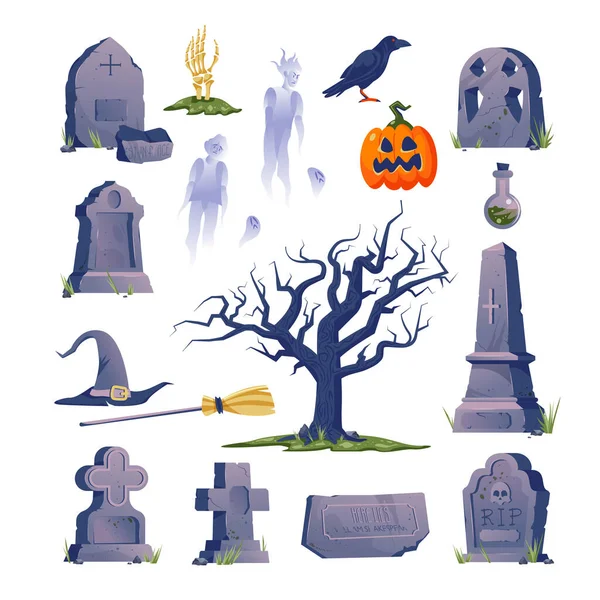Кладбищный набор икон на Хэллоуин — стоковый вектор