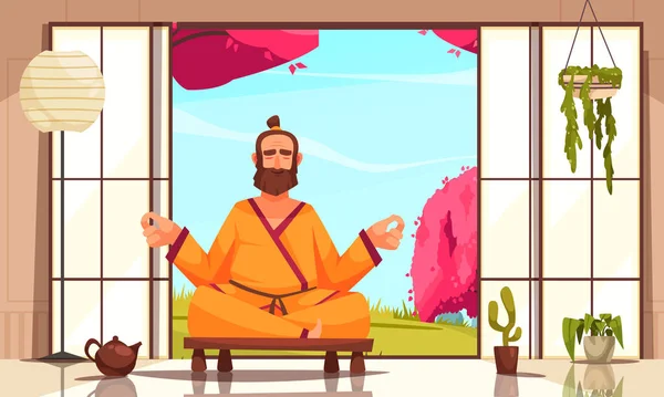 Meditación Yoga Composición de dibujos animados — Vector de stock