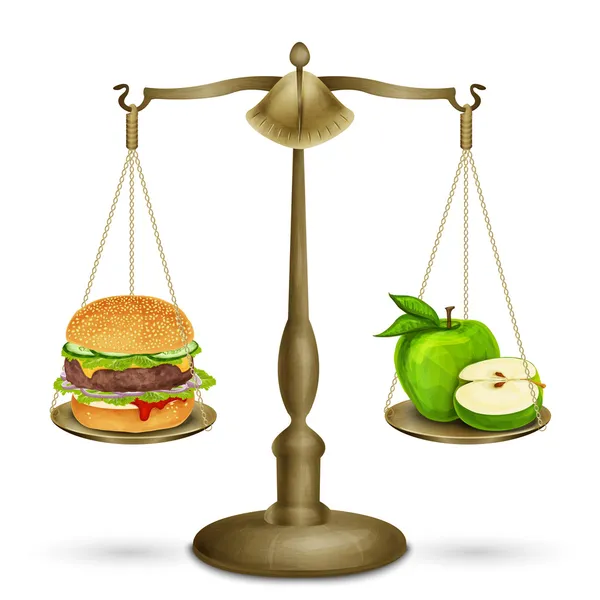Hamburger und Apfel auf der Waage — Stockvektor