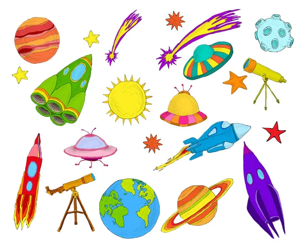 Space objects sketch set colored — Stock Vector