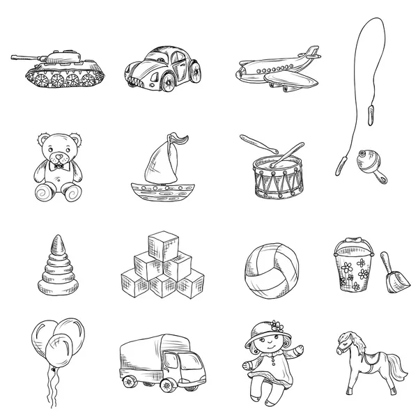 Jouets croquis icônes ensemble — Image vectorielle