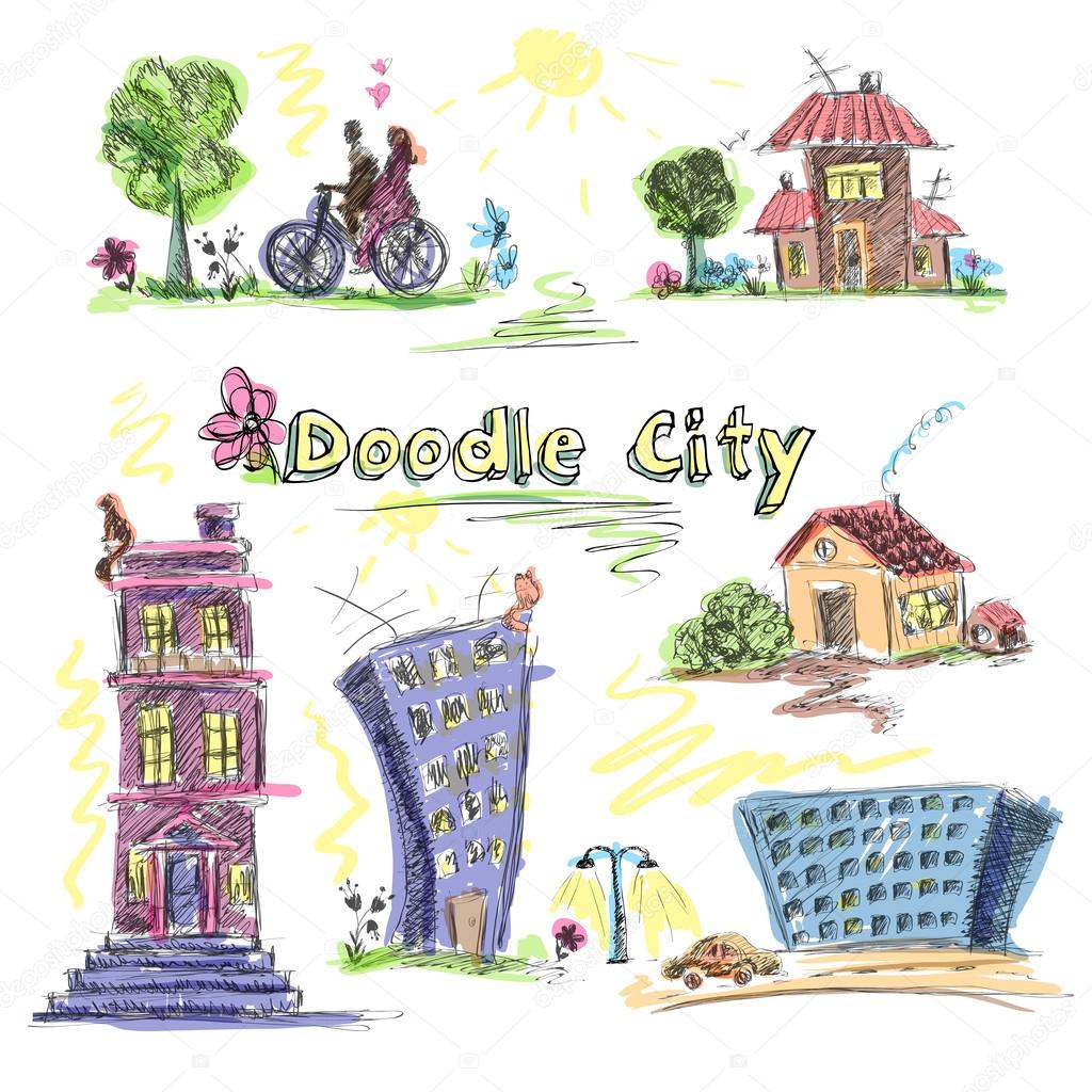 City doodle set colored