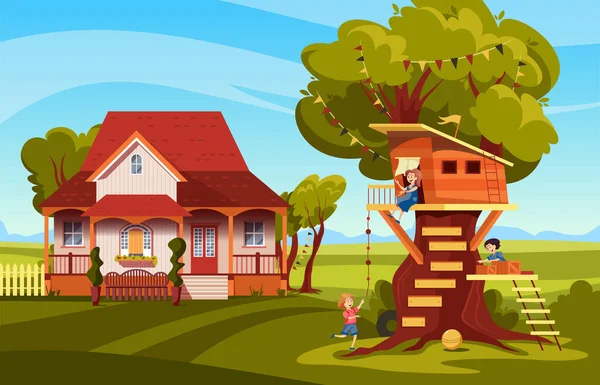 Ilustración de la casa del árbol infantil — Vector de stock