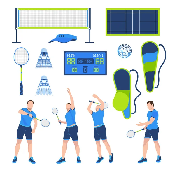 Conjunto plano de badminton — Vetor de Stock