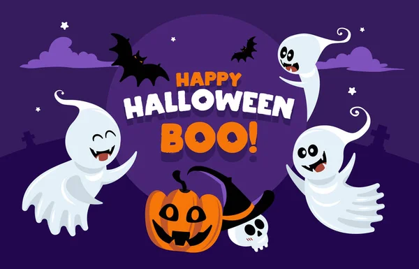 Halloween Cartoon Ghosts Poster — Stock Vector