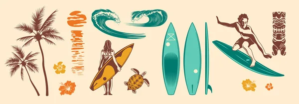 Ręcznie narysowany zestaw kolorów surfingu — Wektor stockowy