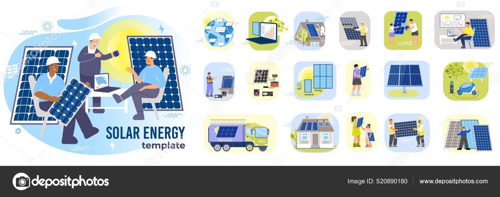 태양 에너지 구성 요소들 스톡 벡터 - ©macrovector 520890180, image size:1600x633