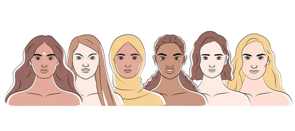 Mujer Faces Of Different Races — Vector de stock