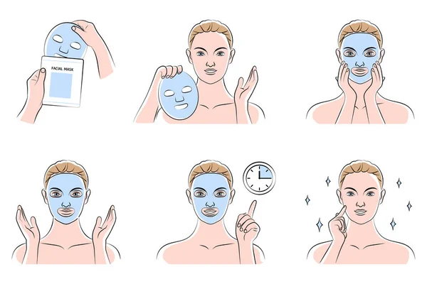 Cuidados com a pele Estágios de máscara facial —  Vetores de Stock