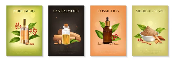 Ensemble d'affiches cosmétiques en bois de santal — Image vectorielle