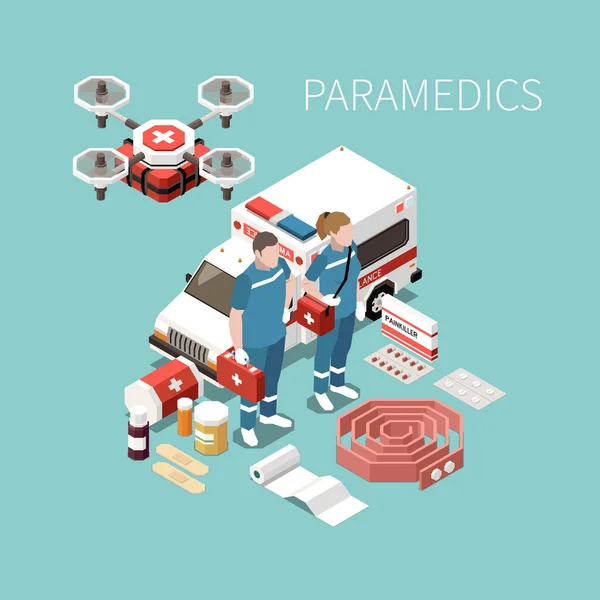 Paramedics Isometric Background — Stock Vector