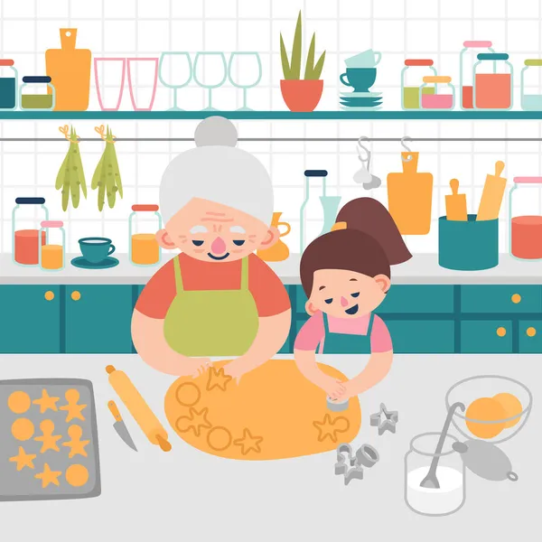 Abuela y nieta Preparar galletas — Vector de stock