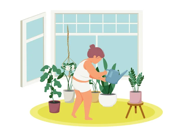 Composição de plantas de casa de mulher —  Vetores de Stock