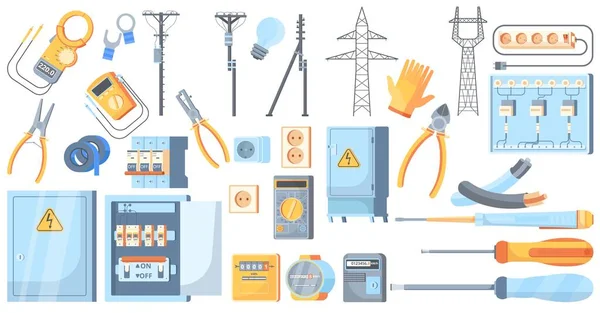 Conjunto de ferramentas e equipamentos de eletricidade — Vetor de Stock