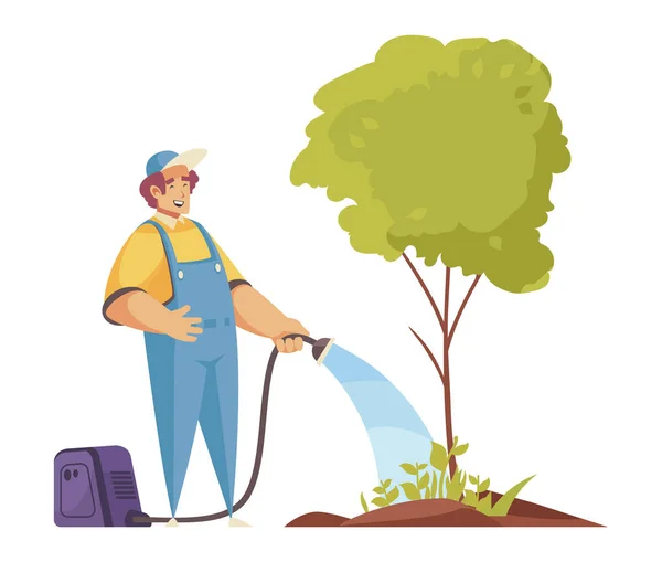 Gardener Watering Tree Composition — Stock Vector