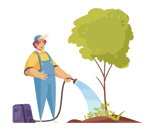 Gardener Watering Tree Composition — Vettoriale Stock