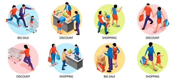 Family Shopping Round Compositions — Stock Vector