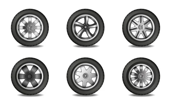 Six Car Wheels Realistic Set — Stockový vektor