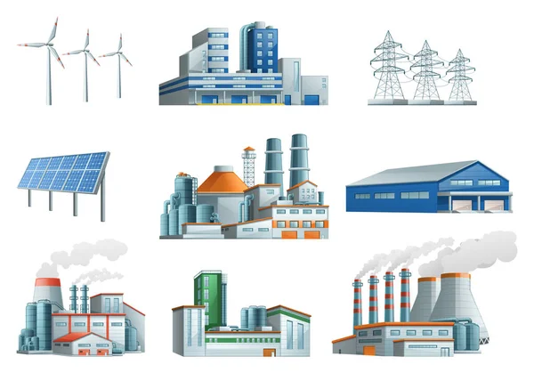 Edificios industriales Conjunto plano — Archivo Imágenes Vectoriales