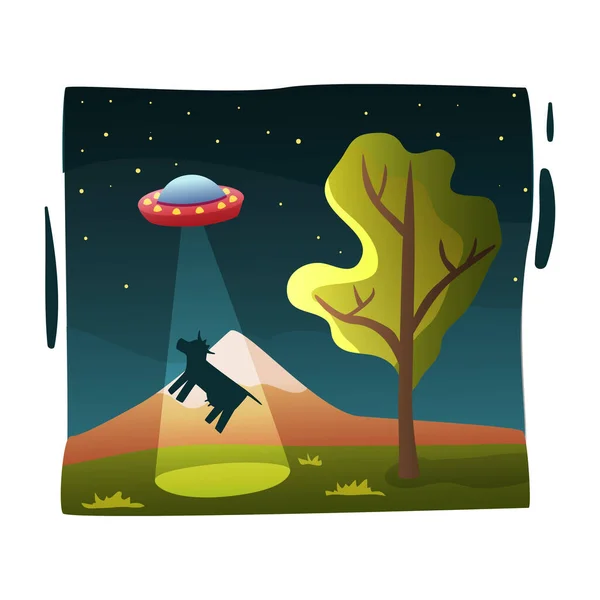 Ufo Abducting Cow Composition — Stock Vector