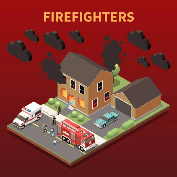 Firefighters Isometric Background — Stock Vector