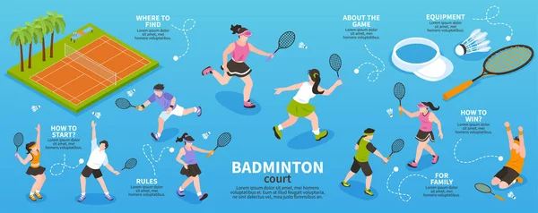 Badminton Court Isométricos Infográficos — Vetor de Stock