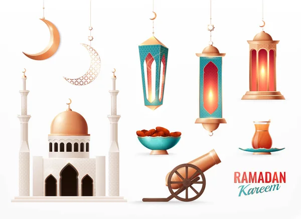 Ensemble réaliste Ramadan Kareem — Image vectorielle