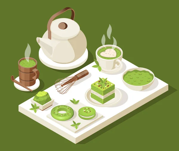 Matcha Isometric Tea Set — Stock Vector