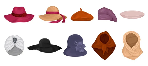女性のファッショナブルな帽子セット — ストックベクタ