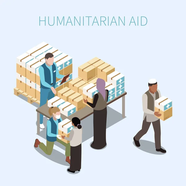 Aiuti umanitari Illustrazione isometrica — Vettoriale Stock