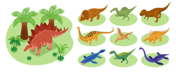 Set grande di dinosauri isometrici — Vettoriale Stock