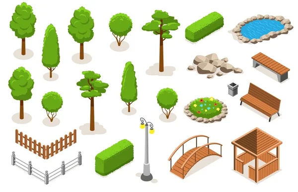 Isometrisch Park Landschap Elementen Icoon Set — Stockvector