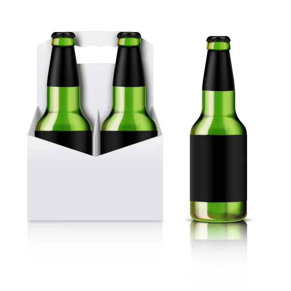 상자에 담긴 녹색 유리 맥주 병 — 스톡 벡터