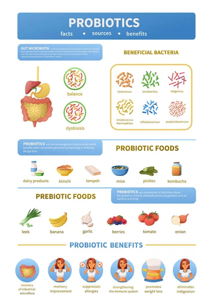 Probiotici Icone dei cartoni animati Infografica — Vettoriale Stock