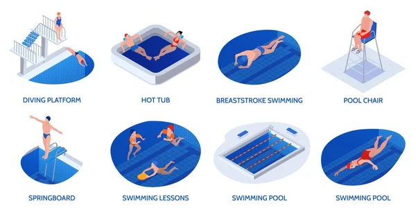 Isometric Swimming Pool Composition Set — Stock Vector