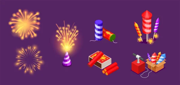 Conjunto isométrico de fogos de artifício — Vetor de Stock